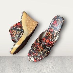 Butterfly Print Leather Wedge Sandals